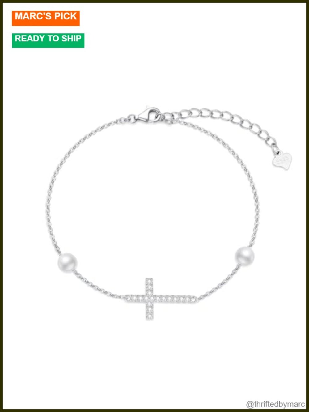 Sterling Silver Diamond Cross Bracelet Adjustable 6.5-8.5 in